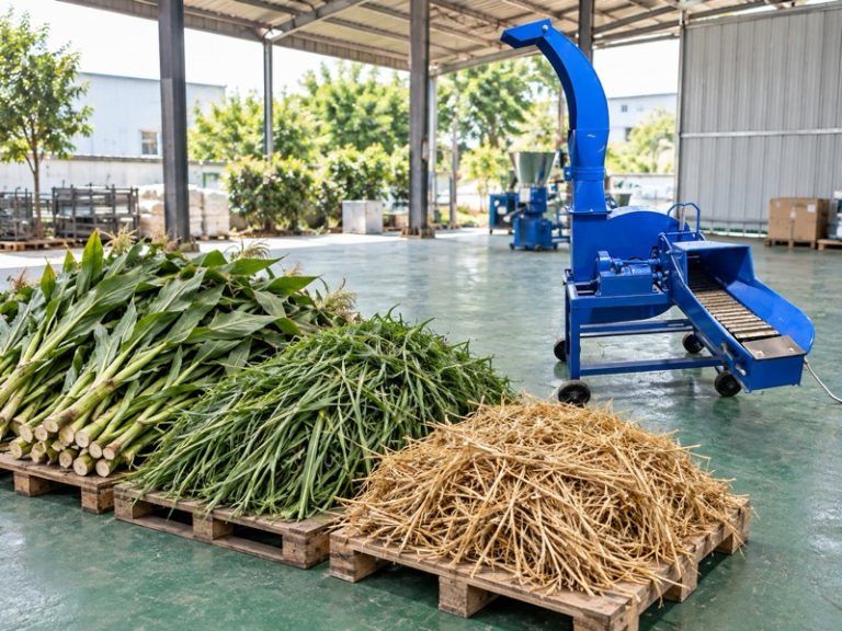 Chaff Cutter machine with corn stalks, grass and dry straw staged for preparation
