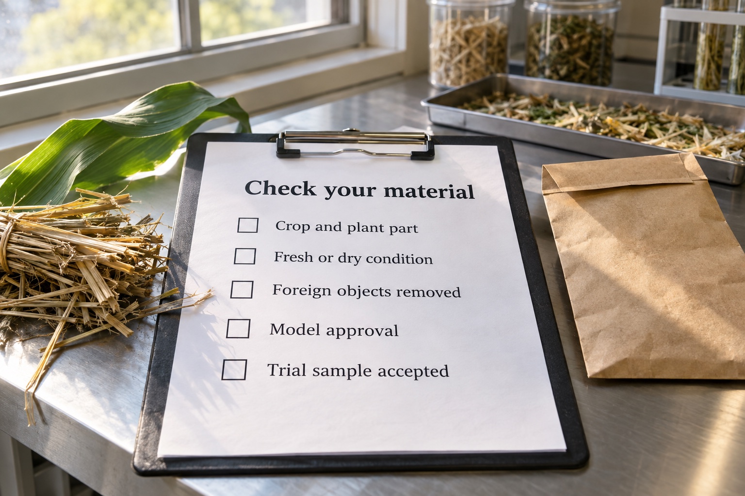 Final material checklist beside identified forage samples and a crop brief