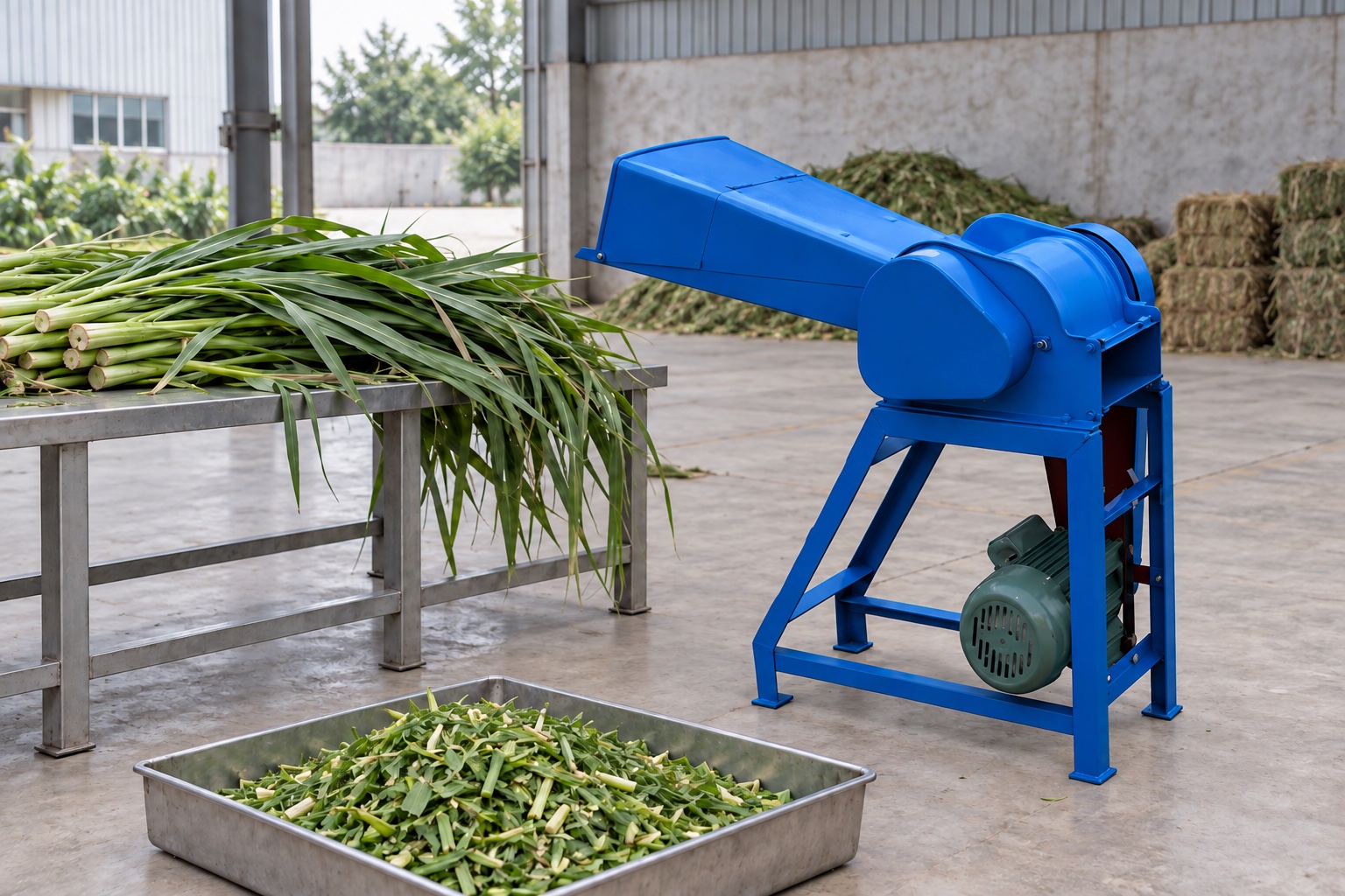 Compact Chaff Cutter machine beside long forage grass and a chopped sample