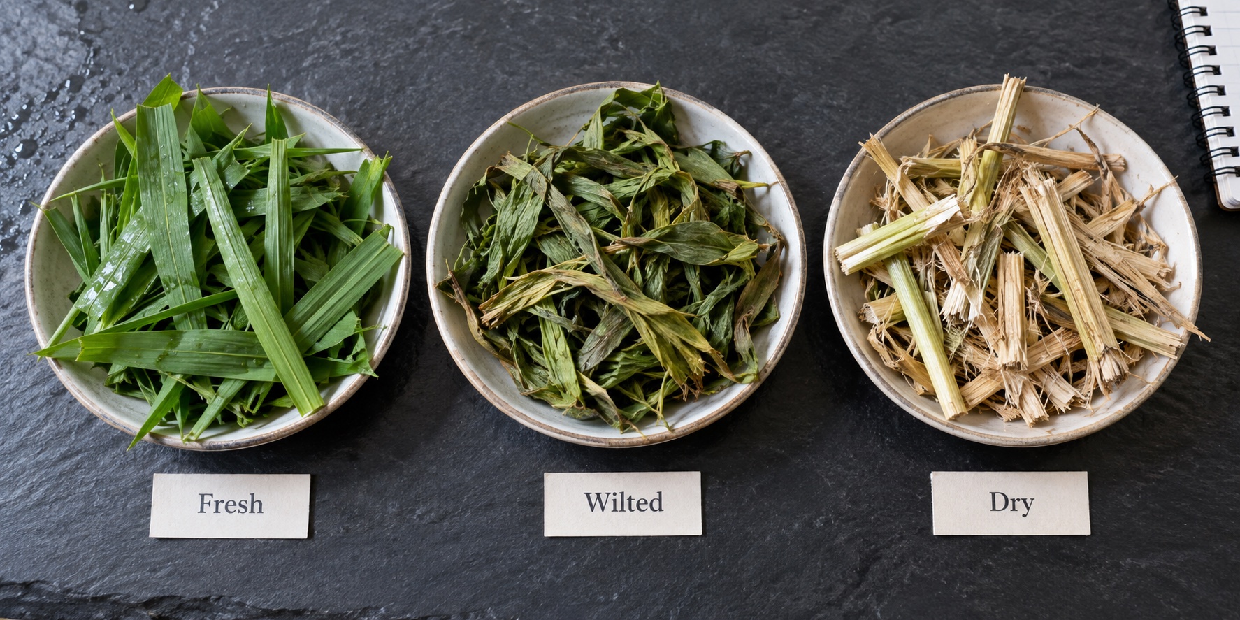 Fresh wet leaves, wilted forage and dry fibrous stems shown in close detail