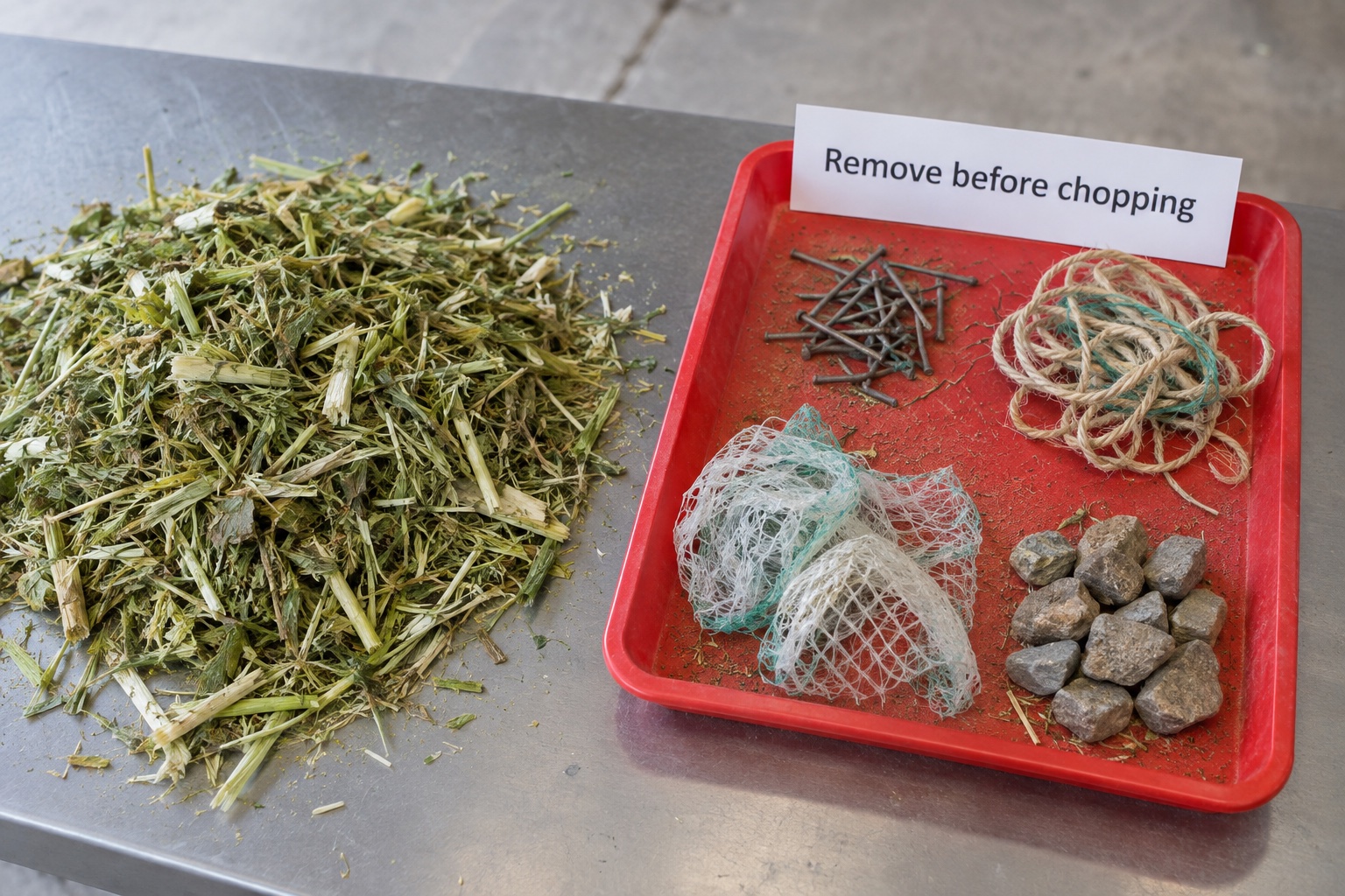 Metal fragments, plastic wrapping, bale twine and stones removed before chopping