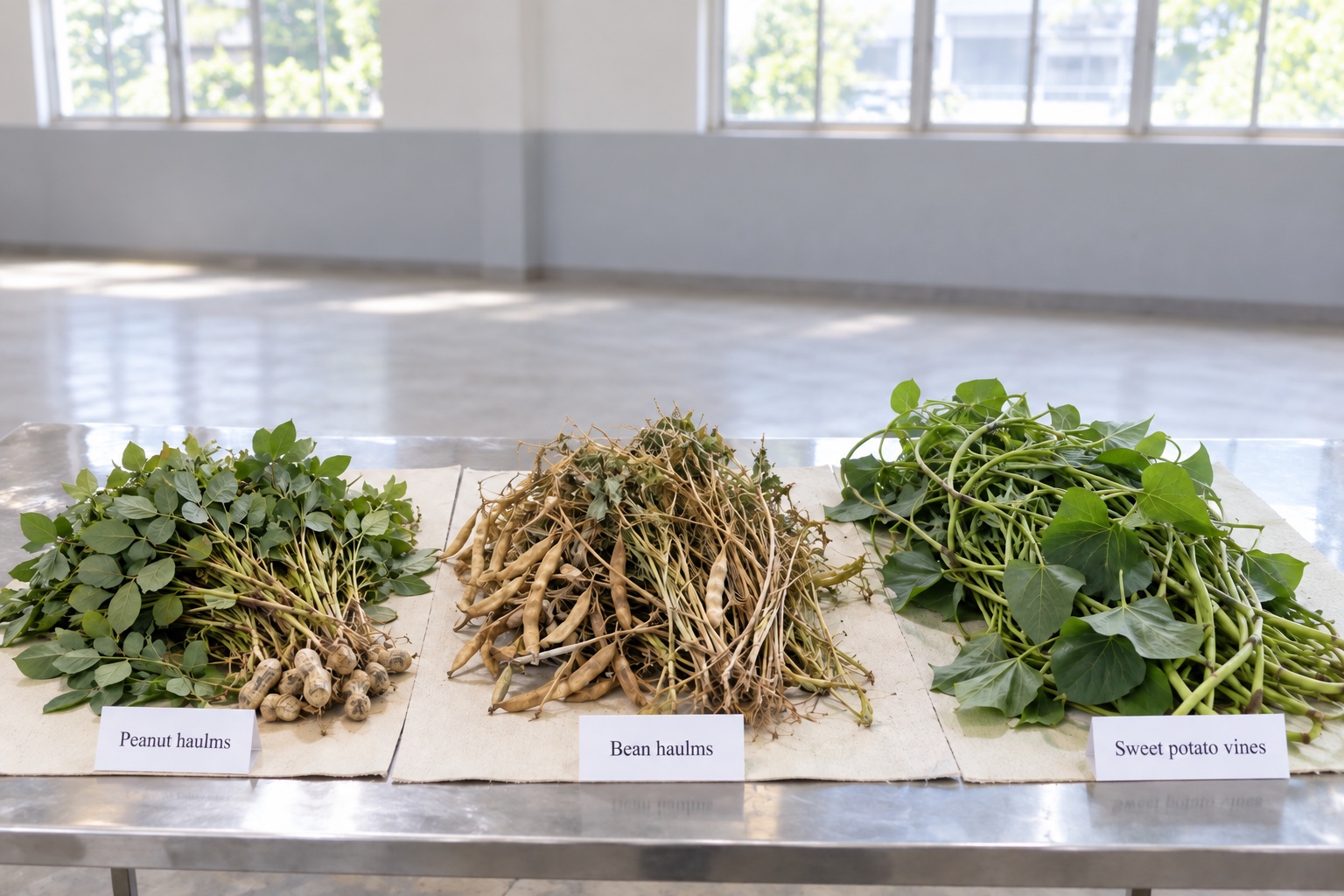 Peanut haulms, bean haulms and sweet potato vines arranged as separate samples