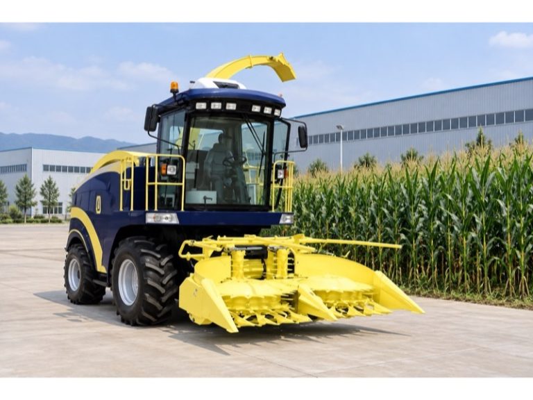 Self-propelled forage harvester with a navy body and yellow header beside a maize field