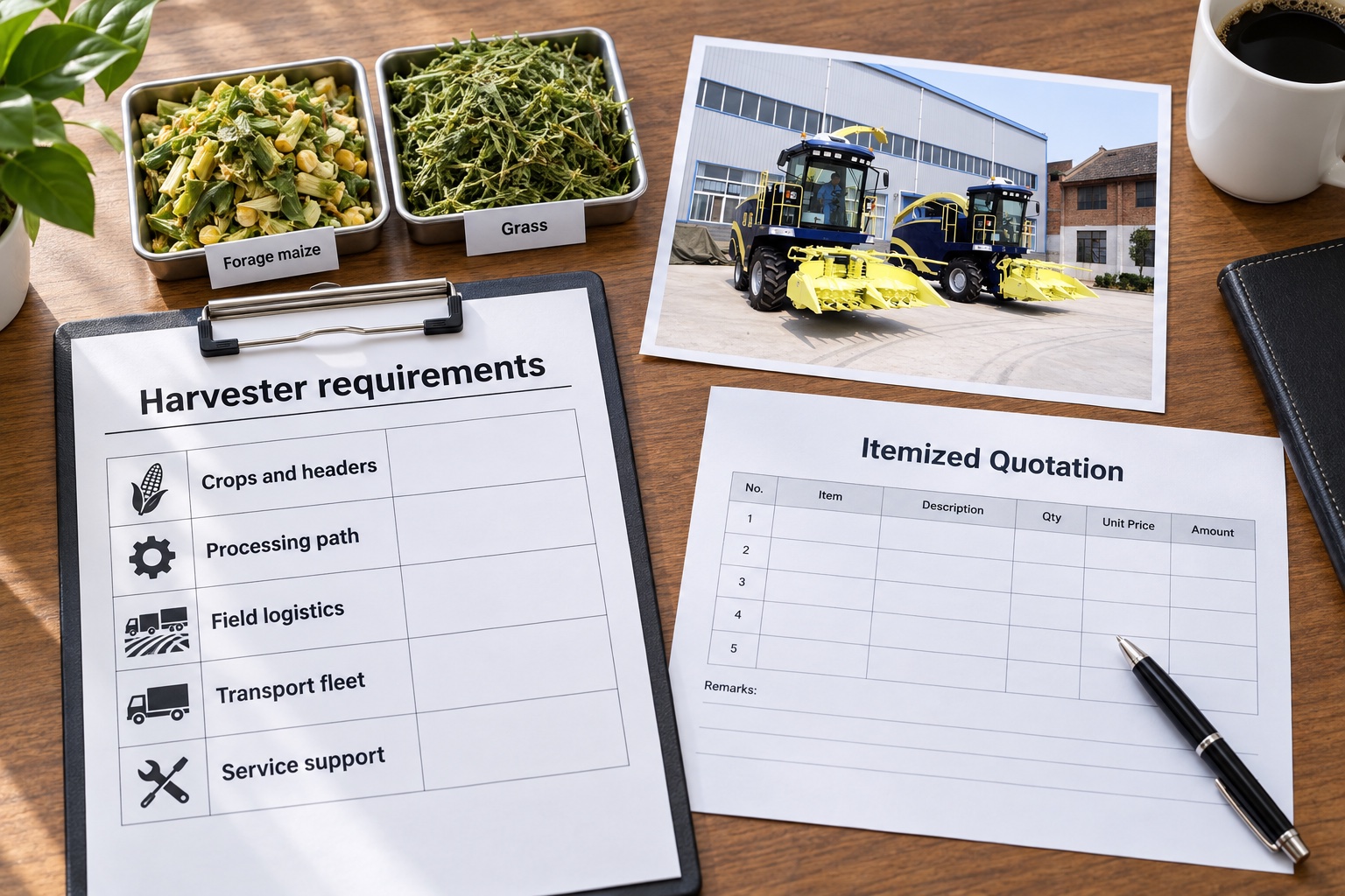 Buyer reviewing crop, header, process, transport and service requirements