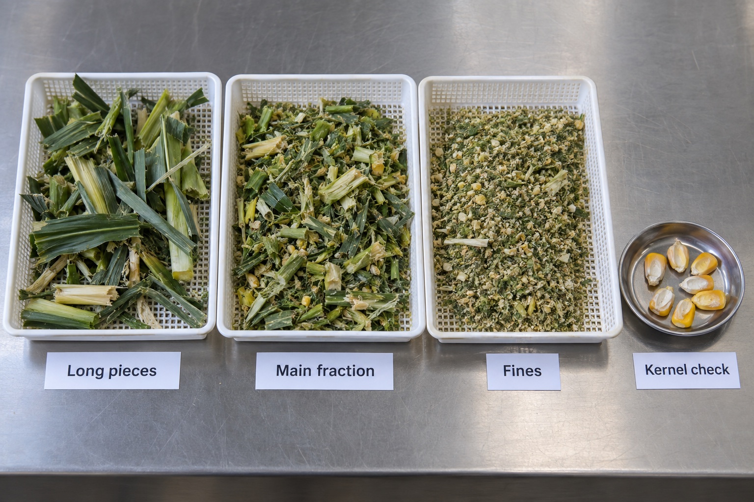 Chopped forage fractions arranged for particle-quality inspection