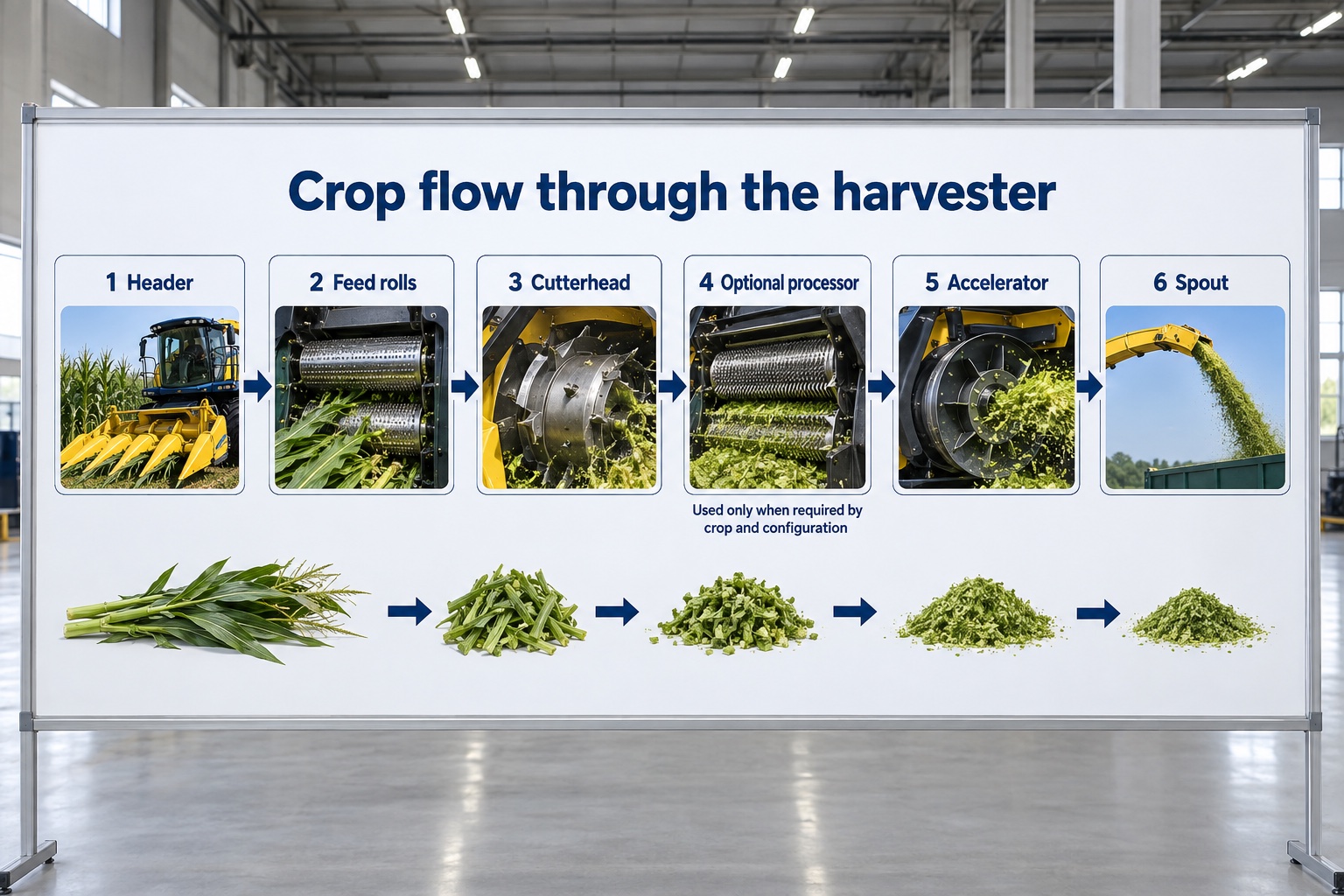 Self-propelled forage harvester crop-flow chart from header to spout