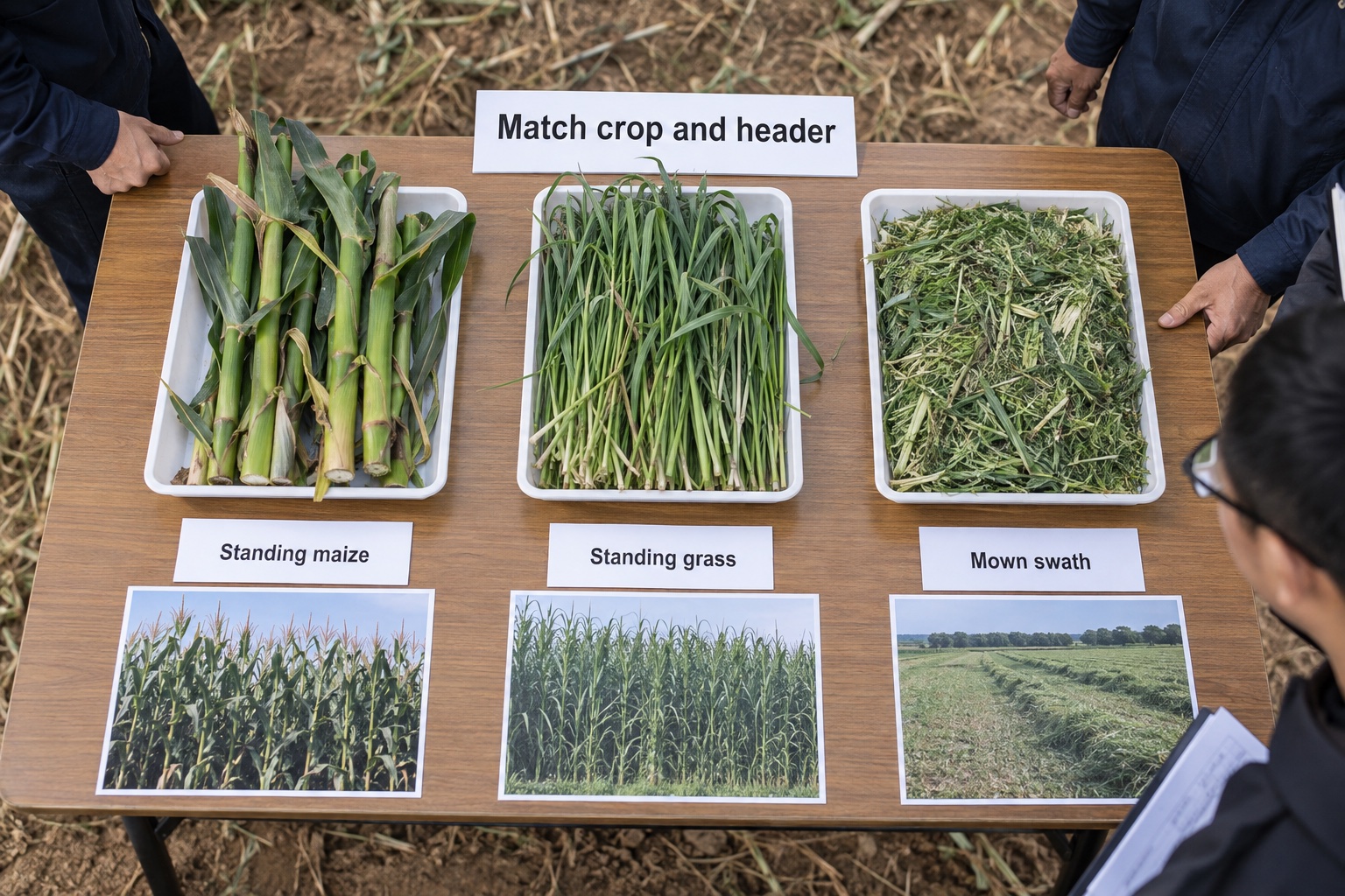 Standing maize, standing grass and mown swath samples for header selection