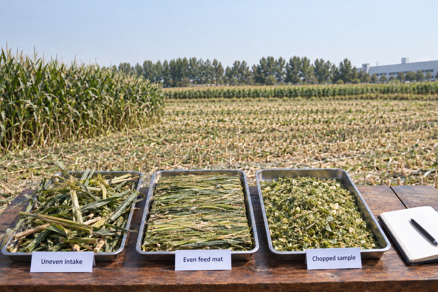 Uneven forage, an even feed mat and a representative chopped sample