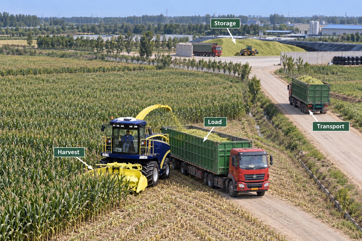 Harvest logistics plan showing a harvester, trailers and storage sequence