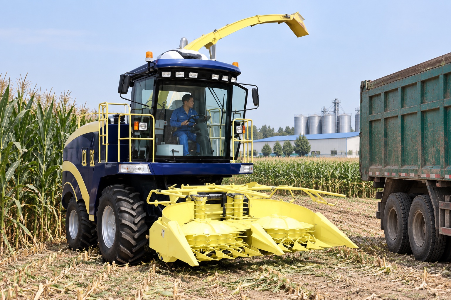Operator in the cab reviewing crop flow and trailer position