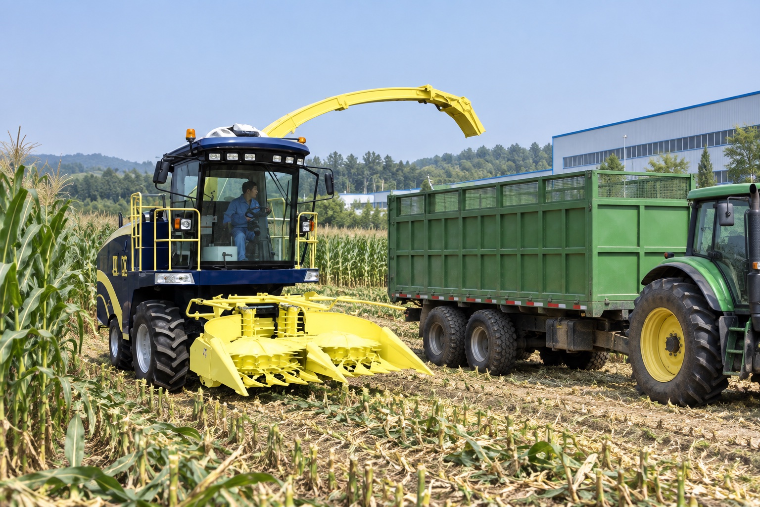 Self-propelled forage harvester aligned with a receiving trailer in the field