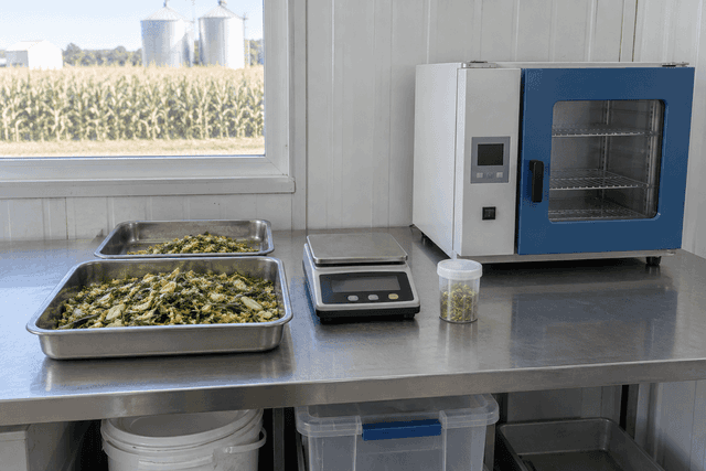 Forage samples, drying equipment, and a scale on a testing bench