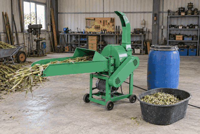 Illustrative compact guarded chaff cutter beside silage storage