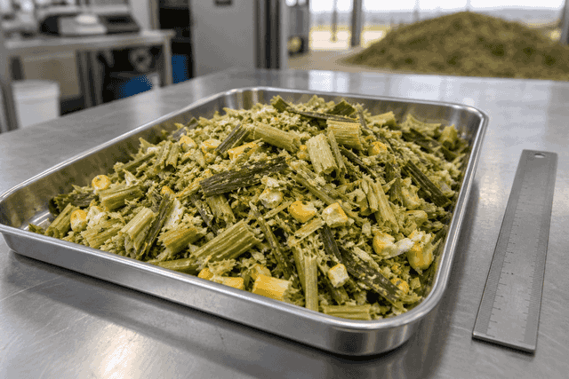 Chopped corn forage with broken kernels on an inspection tray