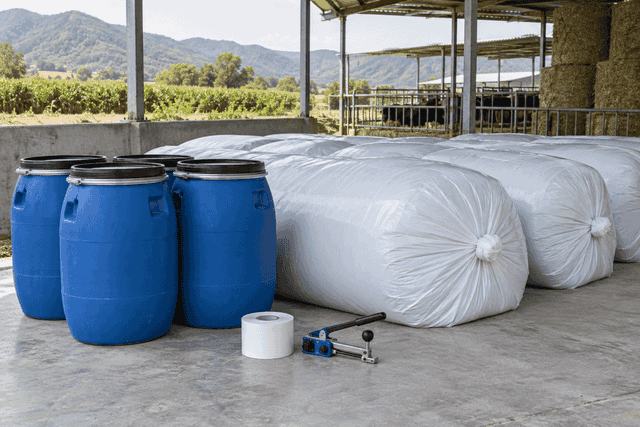 Sealed silage barrels and bags on a clean shaded storage pad