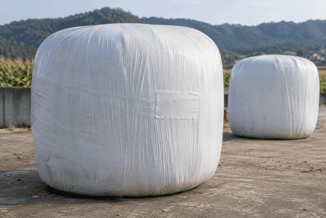 Intact repair patch on a wrapped silage bale
