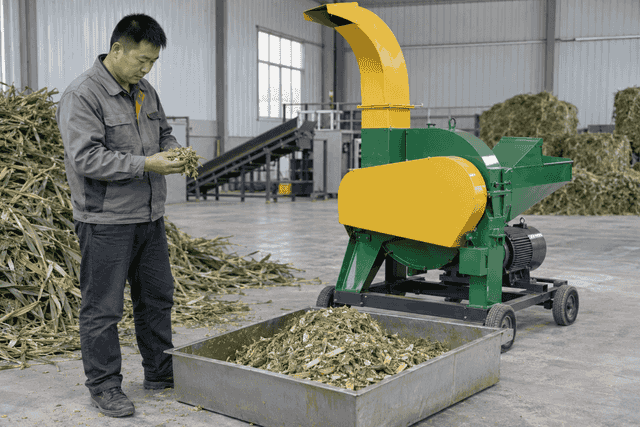 Illustrative technician inspecting forage beside a powered-off cutter