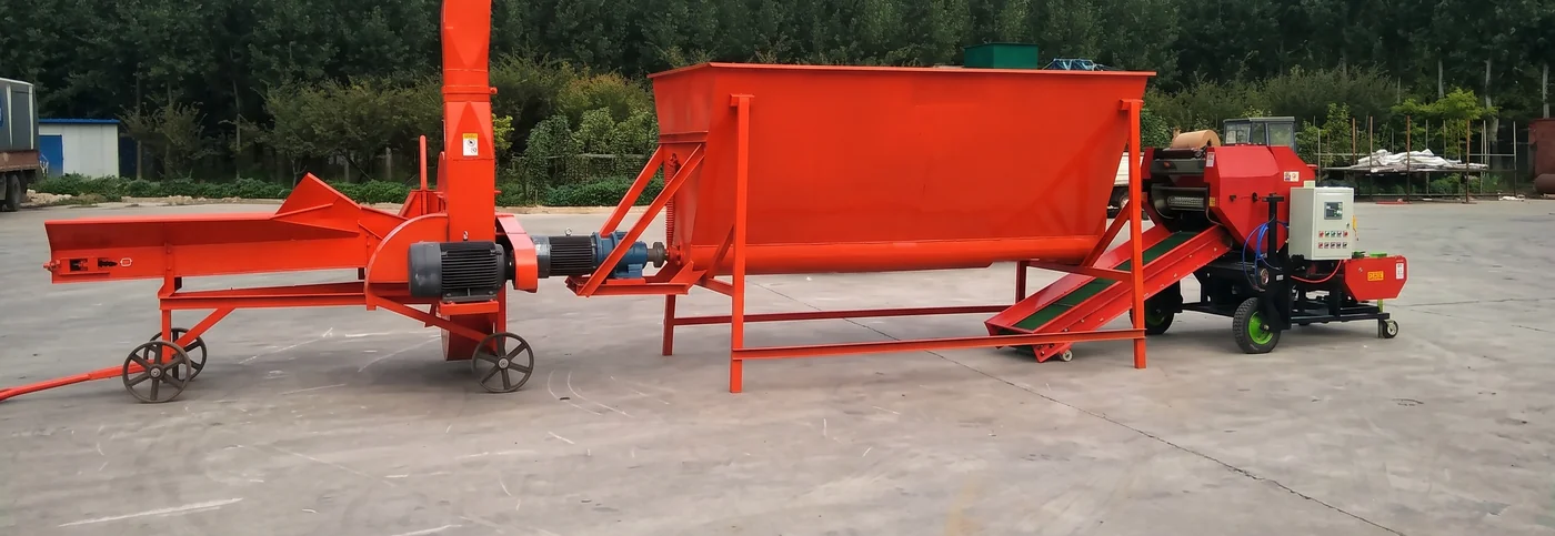 Silage production line: chaff cutter with blower, mixing hopper and conveyor feeding an FC-585 silage baler and wrapper