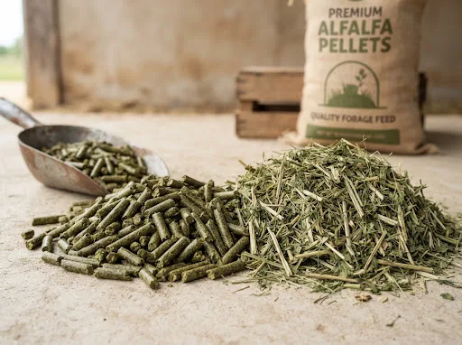 Dried alfalfa and forage ready to be ground into roughage meal