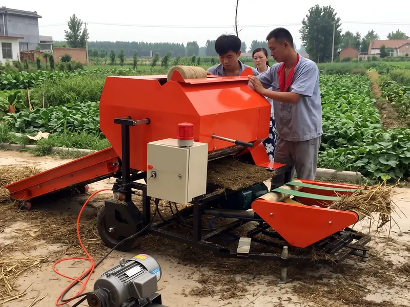 Farmers loading straw into an electric silage baler at a village farm, with the motor on the ground beside it