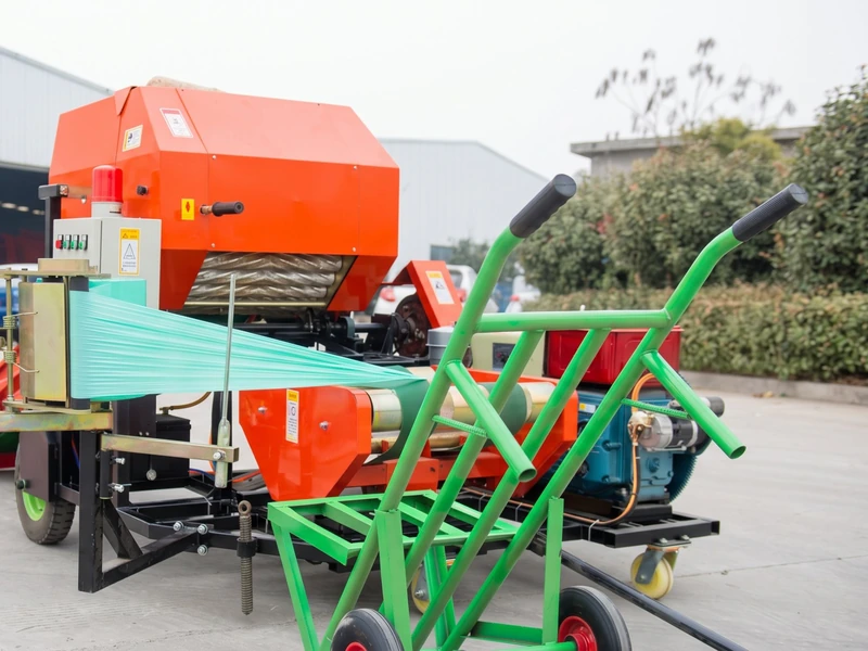 Diesel-powered FC-585 silage baler wrapping a bale in green stretch film, with a bale trolley in front
