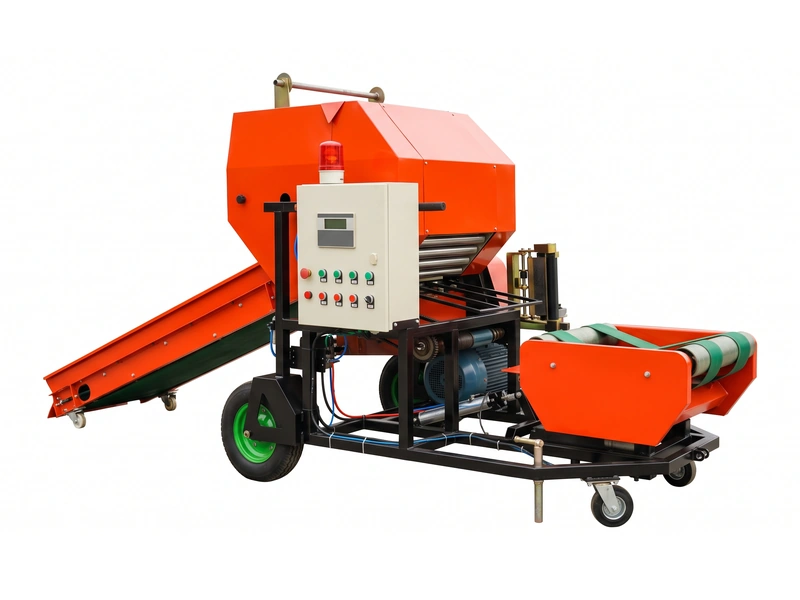 FC-585 silage baler and wrapper with electric motor drive and control cabinet