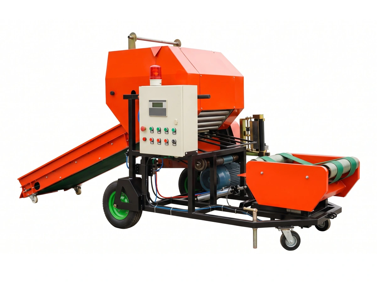FC-585 silage baler and wrapper, electric version, with control cabinet, alarm light, feed conveyor and belt wrapping table