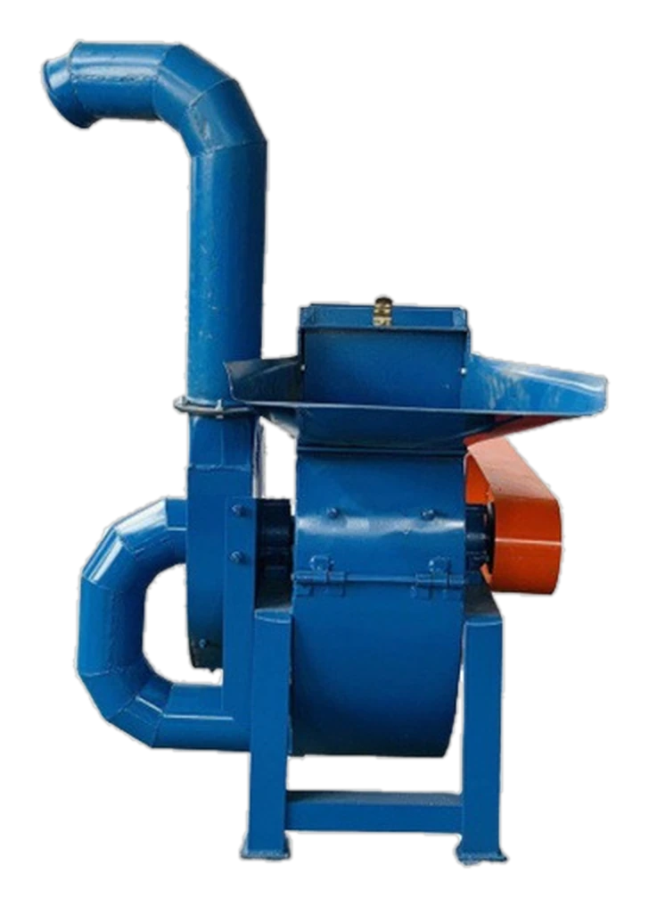 Side view of a Golden Machinery feed crusher machine showing the cyclone discharge pipe, feed hopper, grinding chamber and belt guard