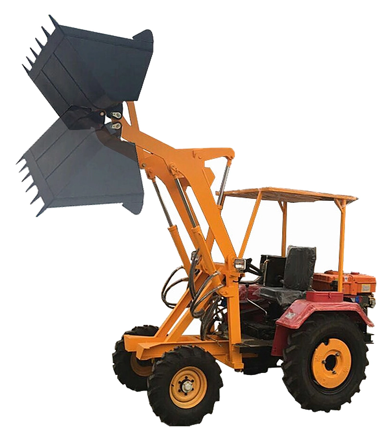 GC-06 loader working device showing the boom lifting and the bucket tipping to discharge height