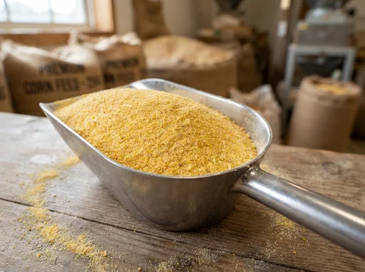 Uniform ground corn meal produced by a feed crusher machine, ready for feed mixing