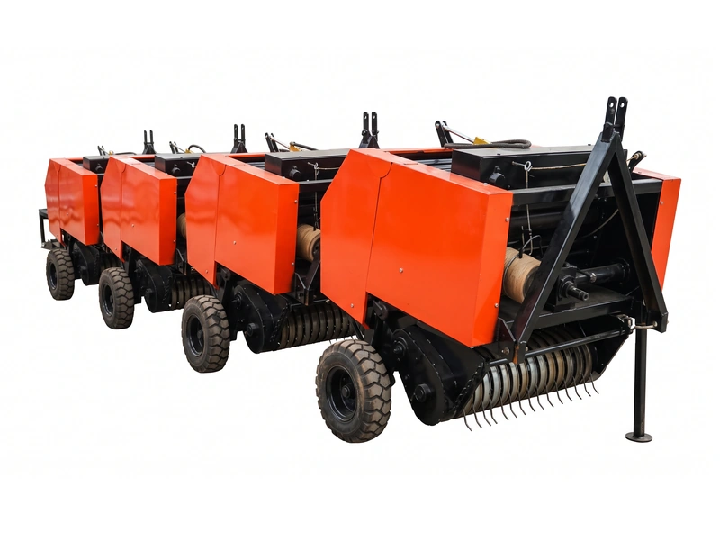 Row of tractor pickup round balers with three-point hitch frames, pickup tines and twine rolls