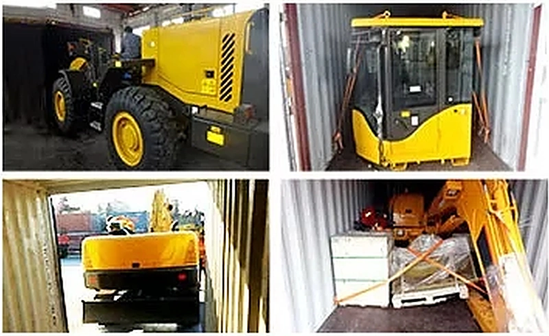 Compact wheel loaders loaded and secured inside a 40 ft high-cube container