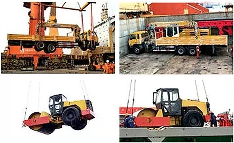 Machinery lifted by crane for bulk cargo shipment