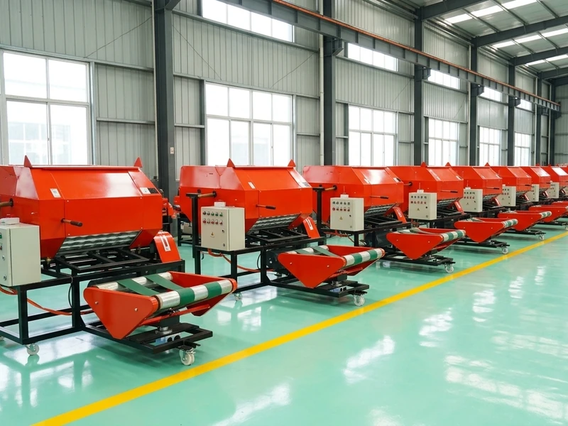 Row of finished silage balers with control cabinets and wrapping tables lined up in the factory workshop