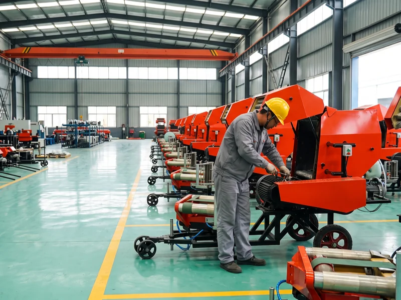 Technician in hard hat inspecting the drive of a silage baler on the assembly line