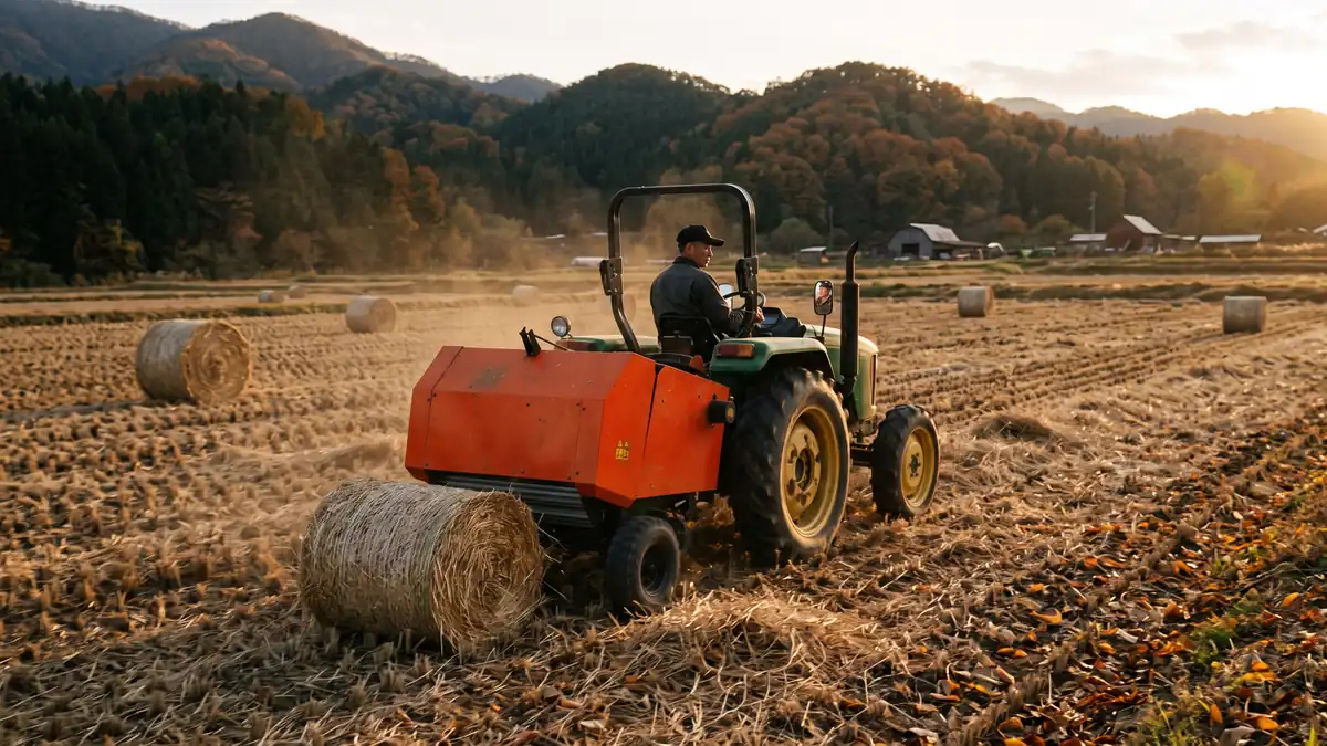 Tractor pulling a PTO pickup round baler across a harvested field, leaving round straw bales behind
