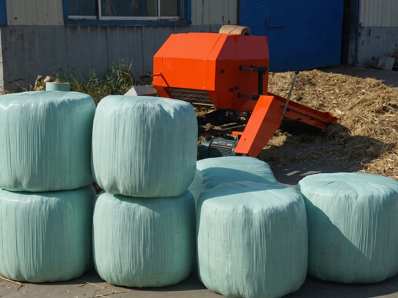 Film-wrapped round silage bales stacked two high in a farm yard beside the silage baler