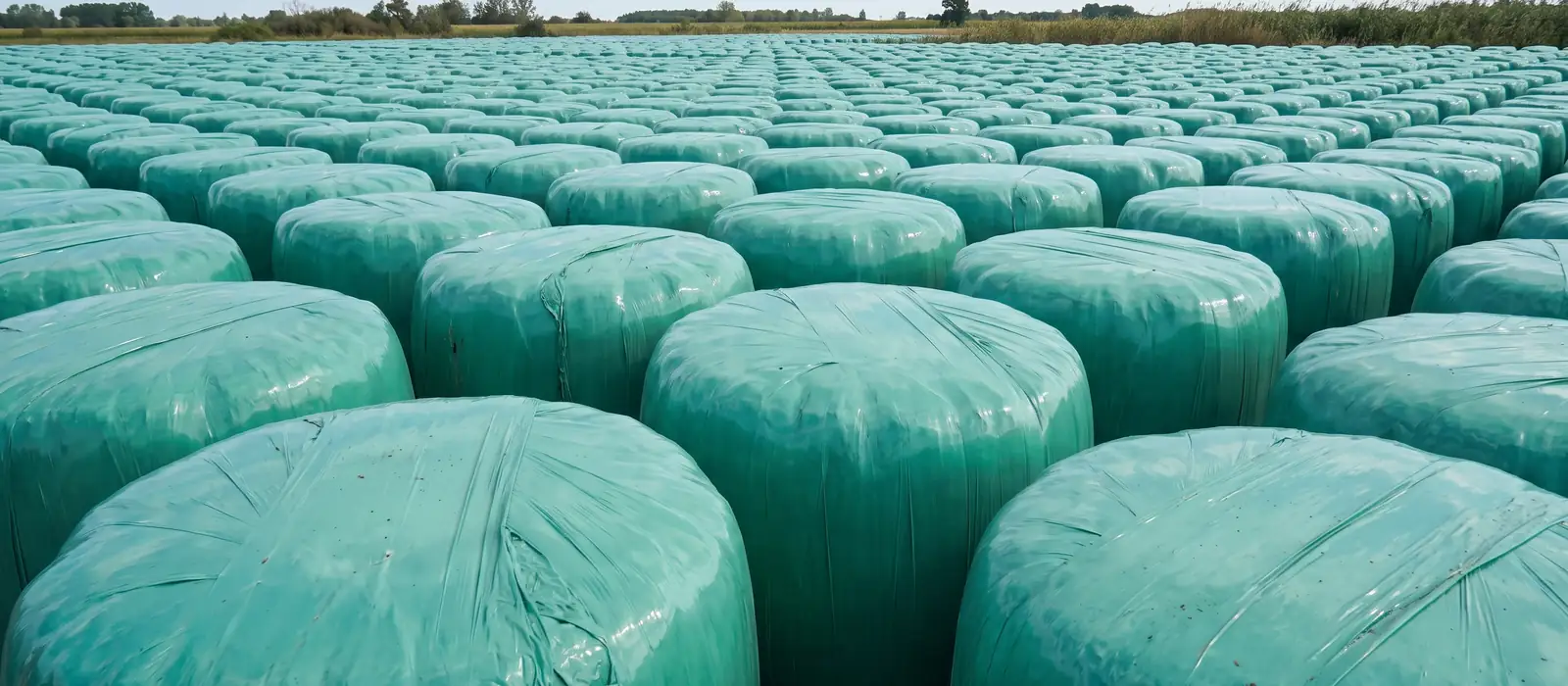Rows of film-wrapped round silage bales stored in an open field